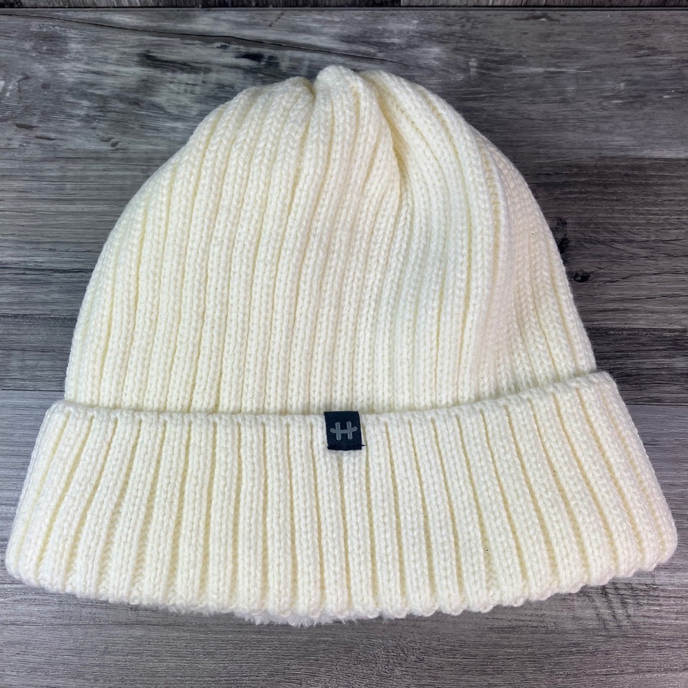Hot Paws Cream Ribbed Knit Cuffed Beanie Faux Fur Lined Winter Hat OS Adult
